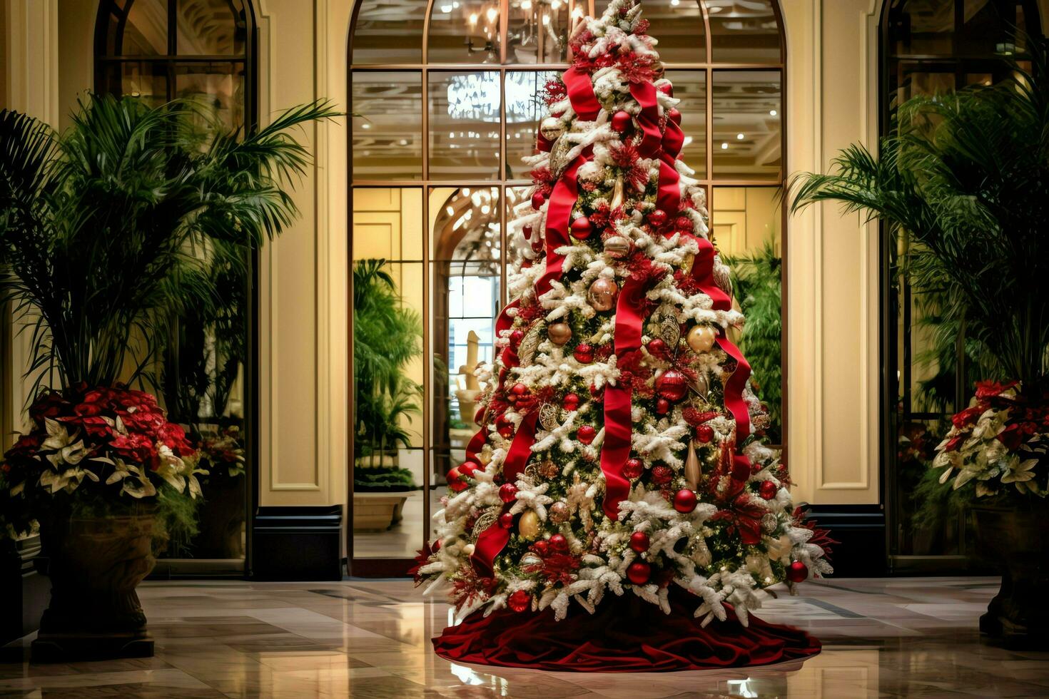 confortable vivant pièce avec magnifique Noël arbre et rouge cadeaux dans moderne intérieur. intérieur de vivant pièce décoré pour joyeux Noël avec chaussettes, cadeau des boites et Noël accessoires par ai généré photo