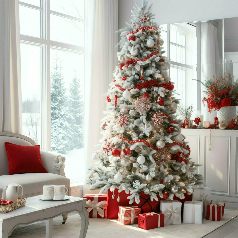 confortable vivant pièce avec magnifique Noël arbre et rouge cadeaux dans moderne intérieur. intérieur de vivant pièce décoré pour joyeux Noël avec chaussettes, cadeau des boites et Noël accessoires par ai généré photo