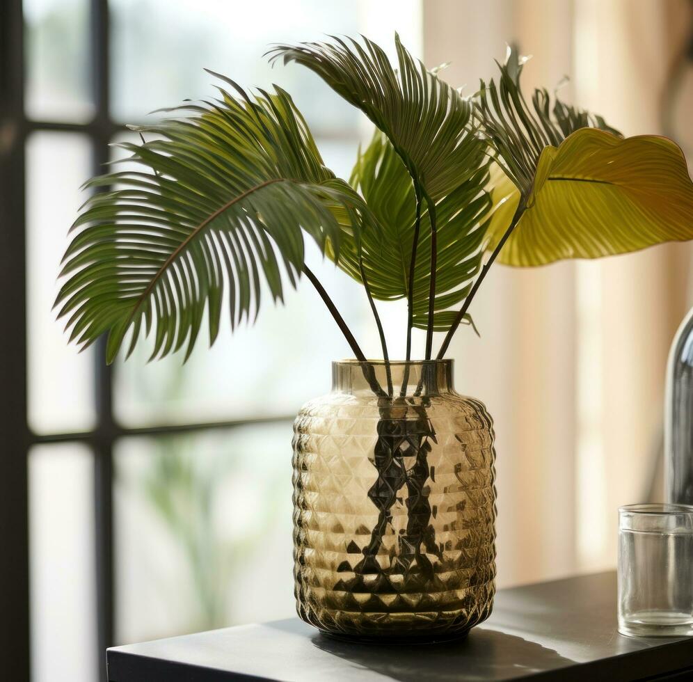 ai généré moyen paume feuilles dans une verre vase, photo