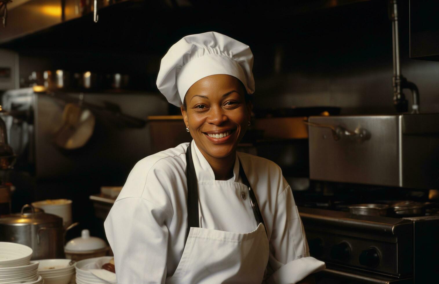 ai généré Afro-américain femelle cuisinier dans une cuisine habillé dans blanc uniformes photo