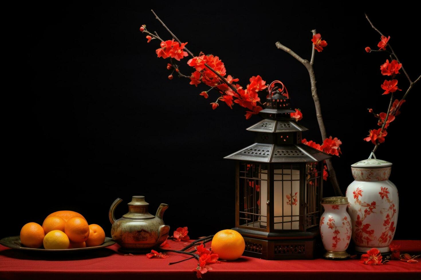 ai généré rouge lanternes, des fruits, des oranges, citrons et papier grues. photo