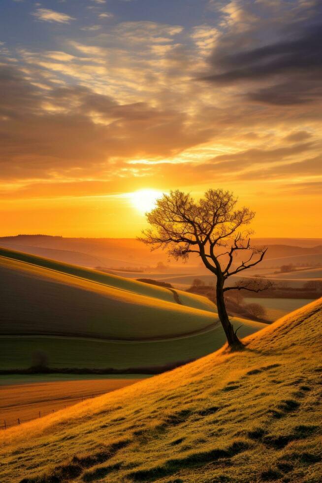 ai généré une paisible campagne avec une d'or coucher de soleil, une seul arbre photo