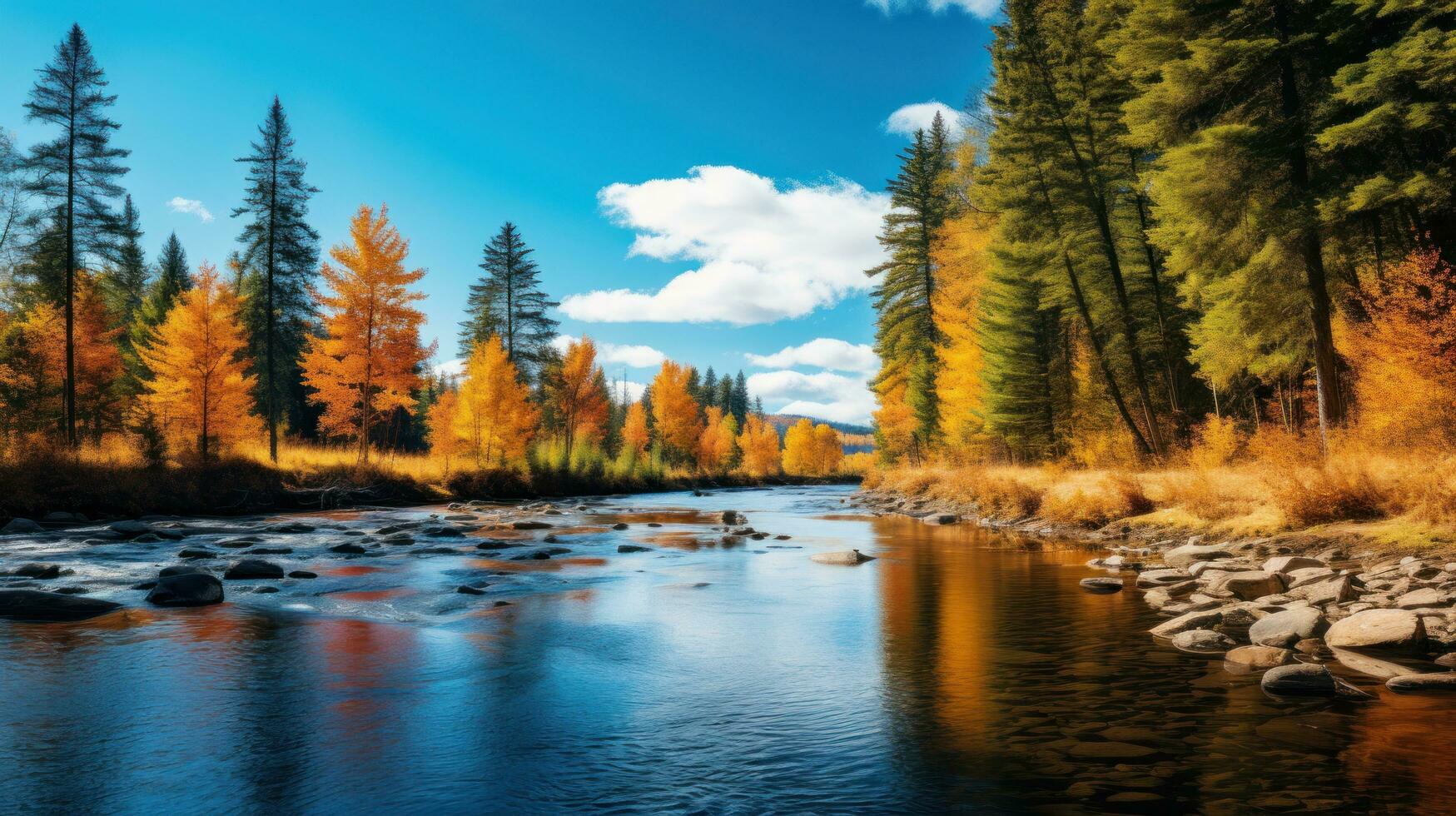 ai généré une calme rivière enroulement par une forêt avec vibrant tomber feuillage et une clair bleu ciel au dessus photo