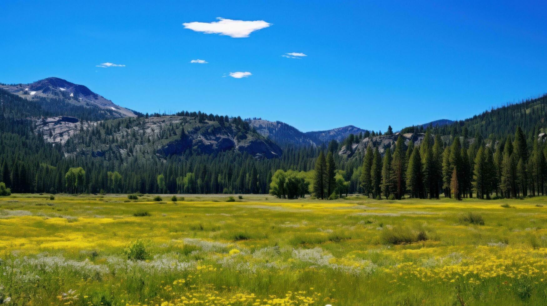 ai généré une silencieux Prairie rempli avec fleurs sauvages, une clair bleu ciel, et une loin Montagne intervalle photo