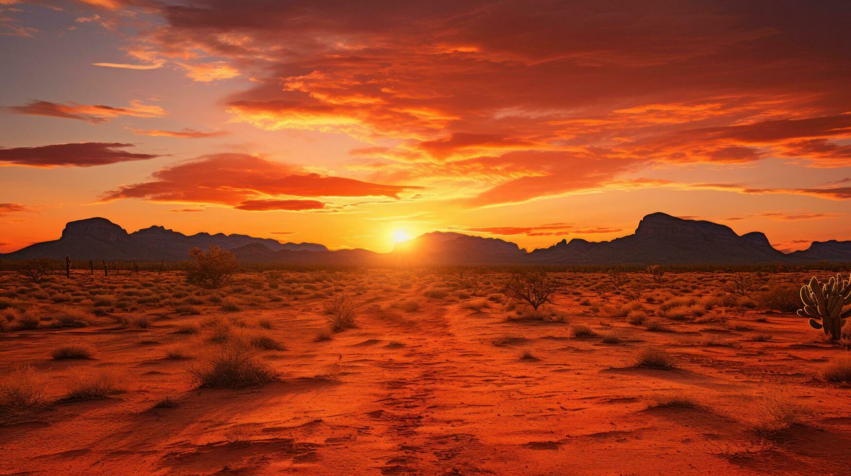 ai généré une paisible désert paysage avec le sable dunes, une vif Orange coucher de soleil, et une peu cactus dans le premier plan photo