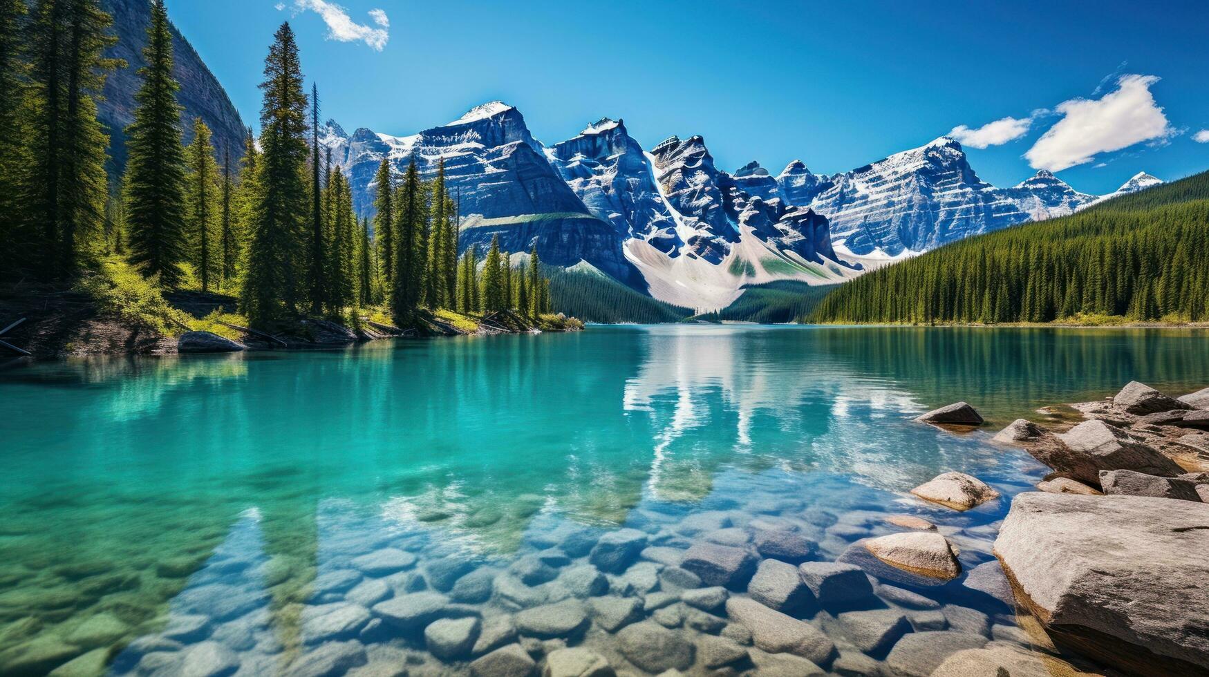 ai généré une serein Montagne intervalle avec enneigé pics, une clair bleu ciel, et une tranquille Lac dans le premier plan. photo