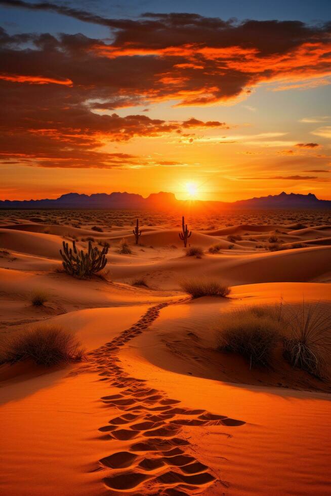 ai généré une paisible désert paysage avec le sable dunes, une vif Orange coucher de soleil, et une peu cactus dans le premier plan photo