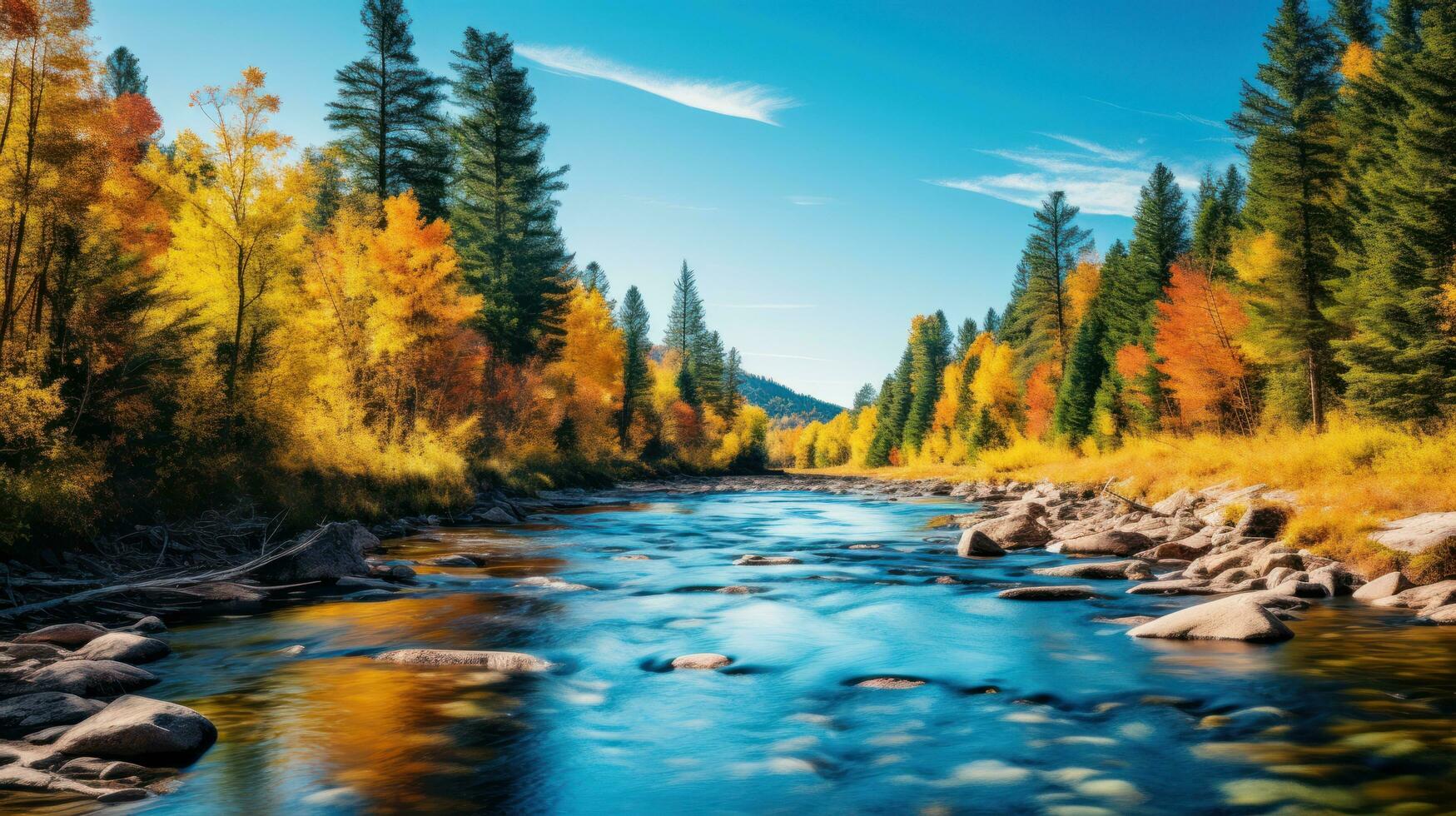 ai généré une calme rivière enroulement par une forêt avec vibrant tomber feuillage et une clair bleu ciel au dessus photo