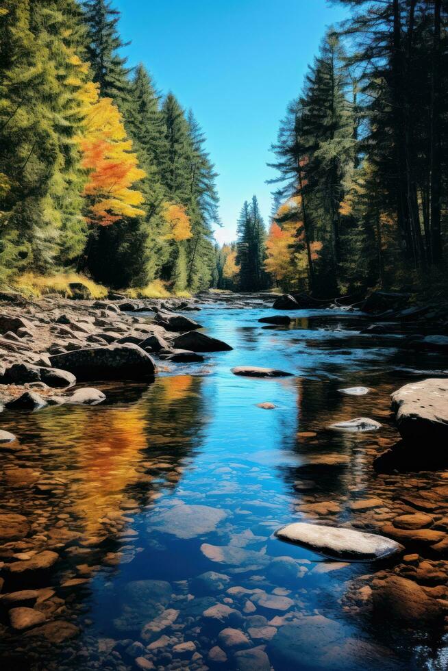 ai généré une calme rivière enroulement par une forêt avec vibrant tomber feuillage et une clair bleu ciel au dessus photo