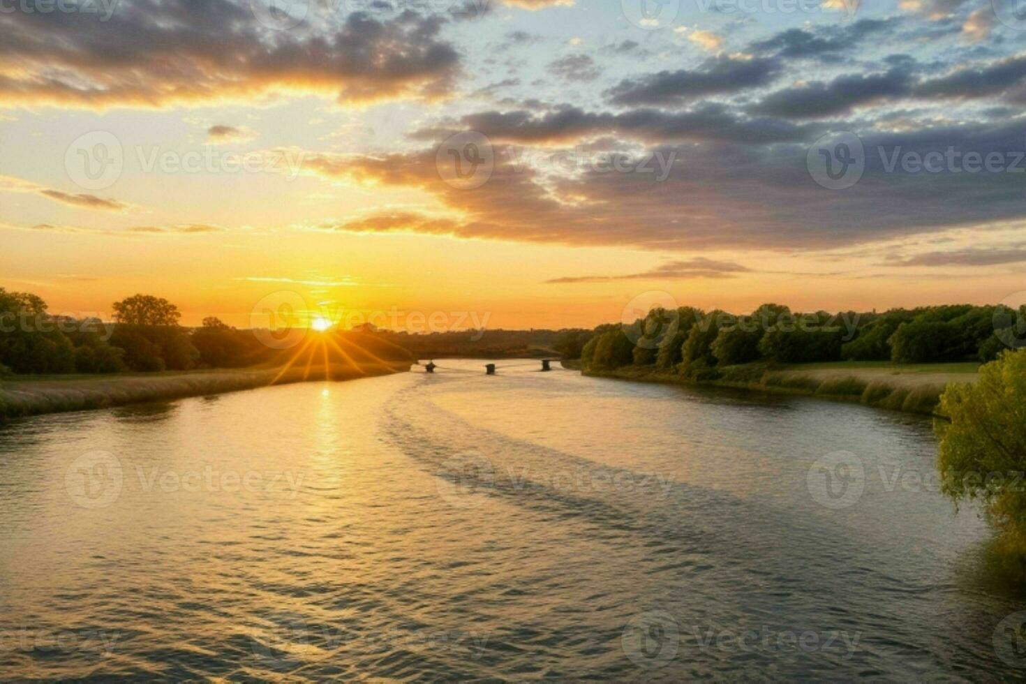 ai généré d'or heure le coucher du soleil sur le rivière. pro photo