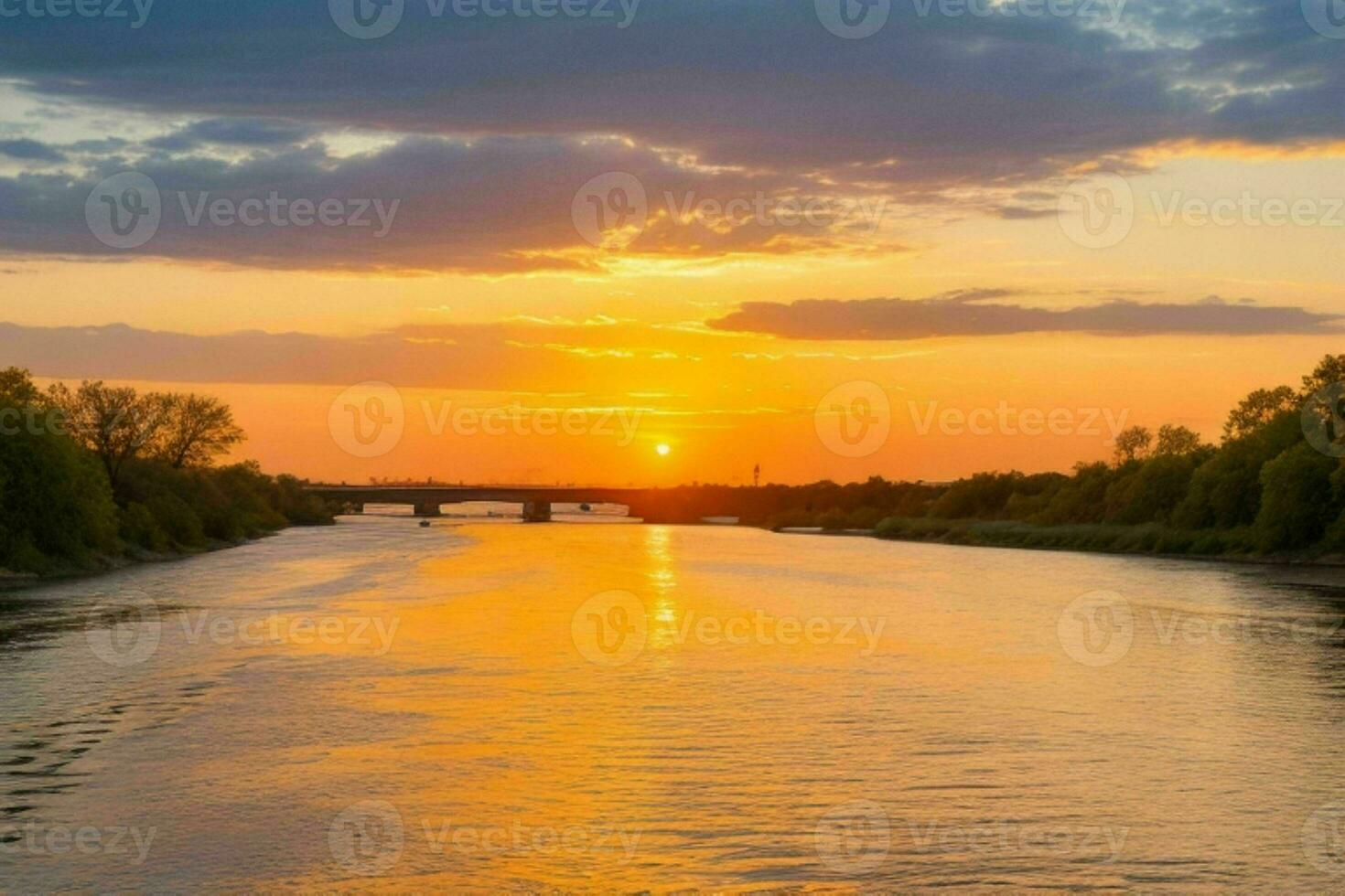 ai généré d'or heure le coucher du soleil sur le lac. pro photo