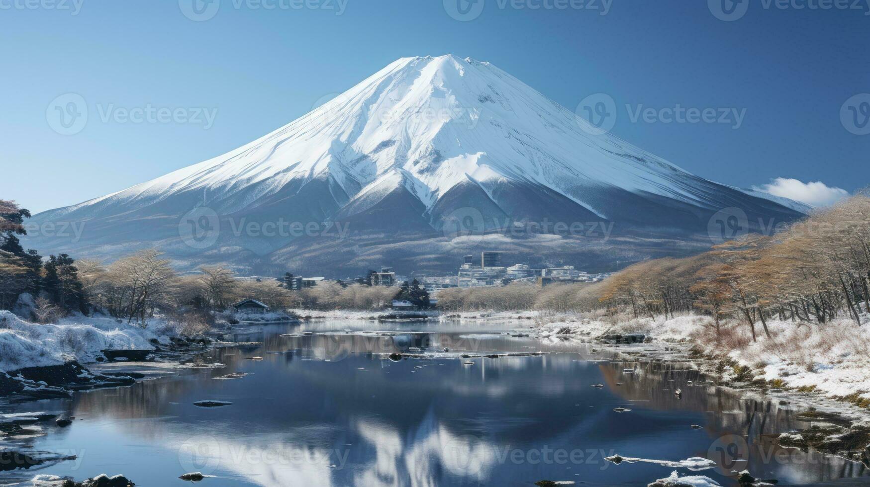 ai généré une balayage vue de enneigé montagnes imposant plus de une animé ville au dessous de photo