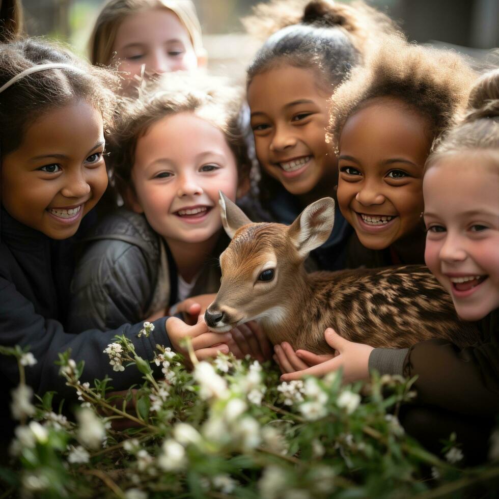 ai généré groupe de les enfants recueillies autour une bébé cerf, souriant et doucement caresse ses doux fourrure photo