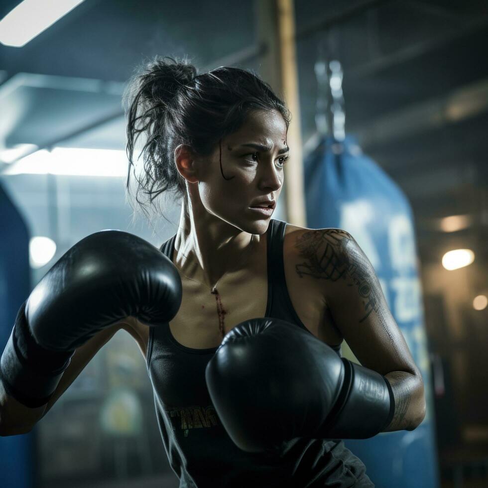 ai généré une femme boxe avec une perforation sac, avec une graveleux, industriel réglage dans le Contexte photo