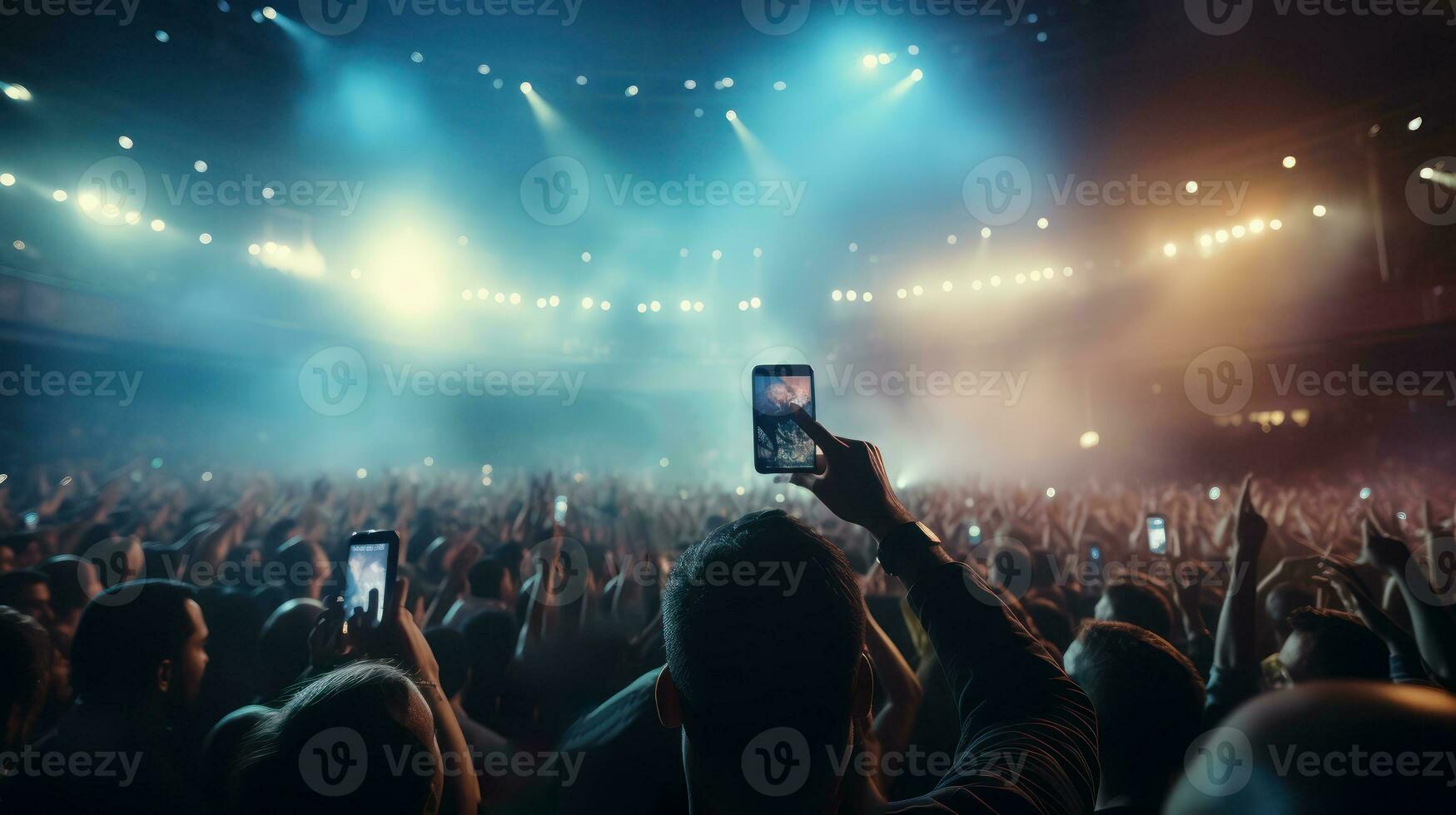 ai généré capturer le foule à une concert, illuminé par le lueur de les smartphones photo