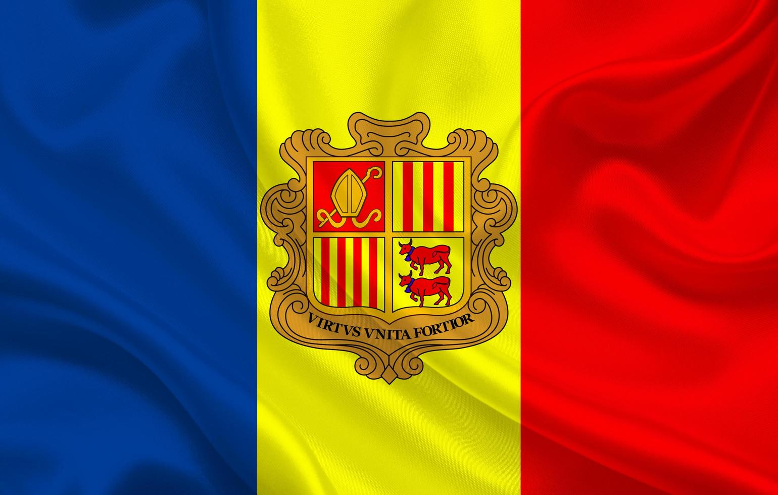 drapeau du pays d'Andorre sur fond de tissu de soie ondulé photo