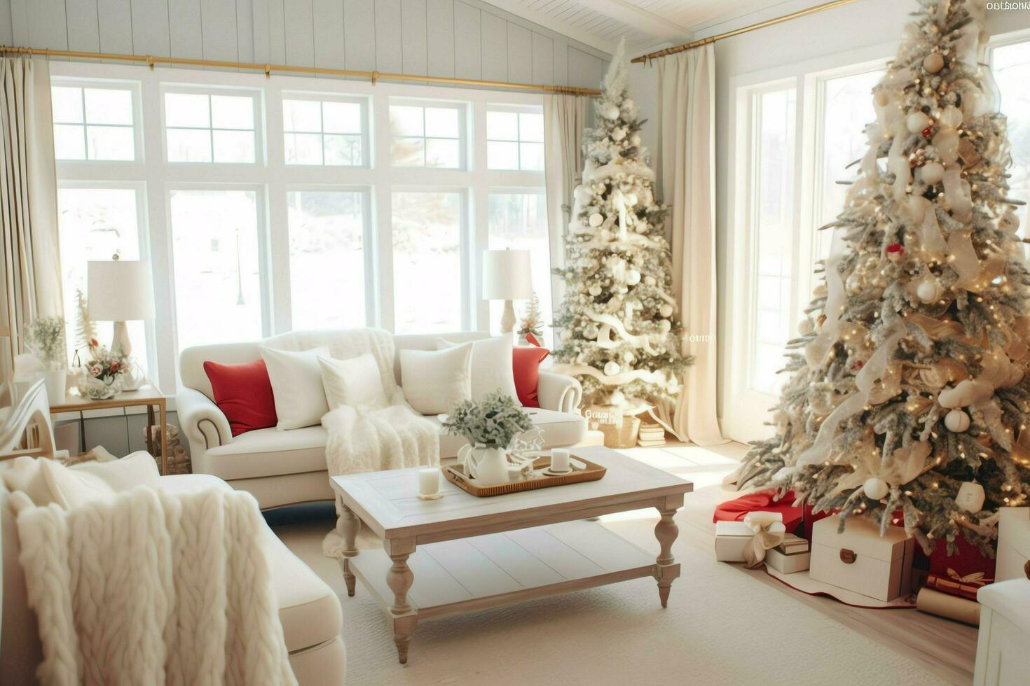 confortable vivant pièce avec magnifique Noël arbre et rouge cadeaux dans moderne intérieur. intérieur de vivant pièce décoré pour joyeux Noël avec chaussettes, cadeau des boites et Noël accessoires par ai généré photo