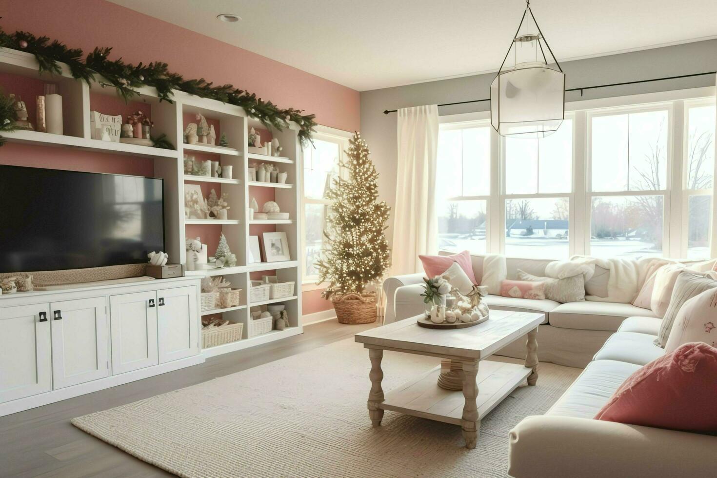 confortable vivant pièce avec magnifique Noël arbre et rouge cadeaux dans moderne intérieur. intérieur de vivant pièce décoré pour joyeux Noël avec chaussettes, cadeau des boites et Noël accessoires par ai généré photo