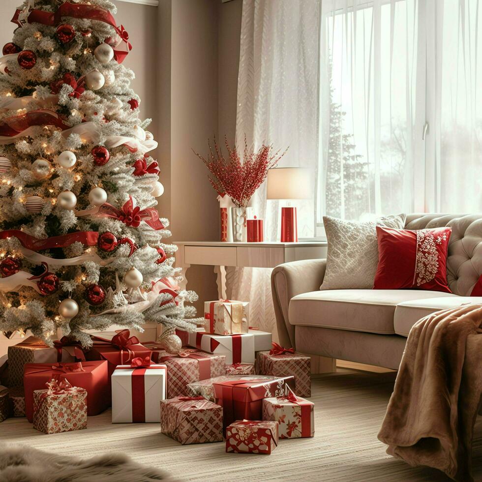 confortable vivant pièce avec magnifique Noël arbre et rouge cadeaux dans moderne intérieur. intérieur de vivant pièce décoré pour joyeux Noël avec chaussettes, cadeau des boites et Noël accessoires par ai généré photo