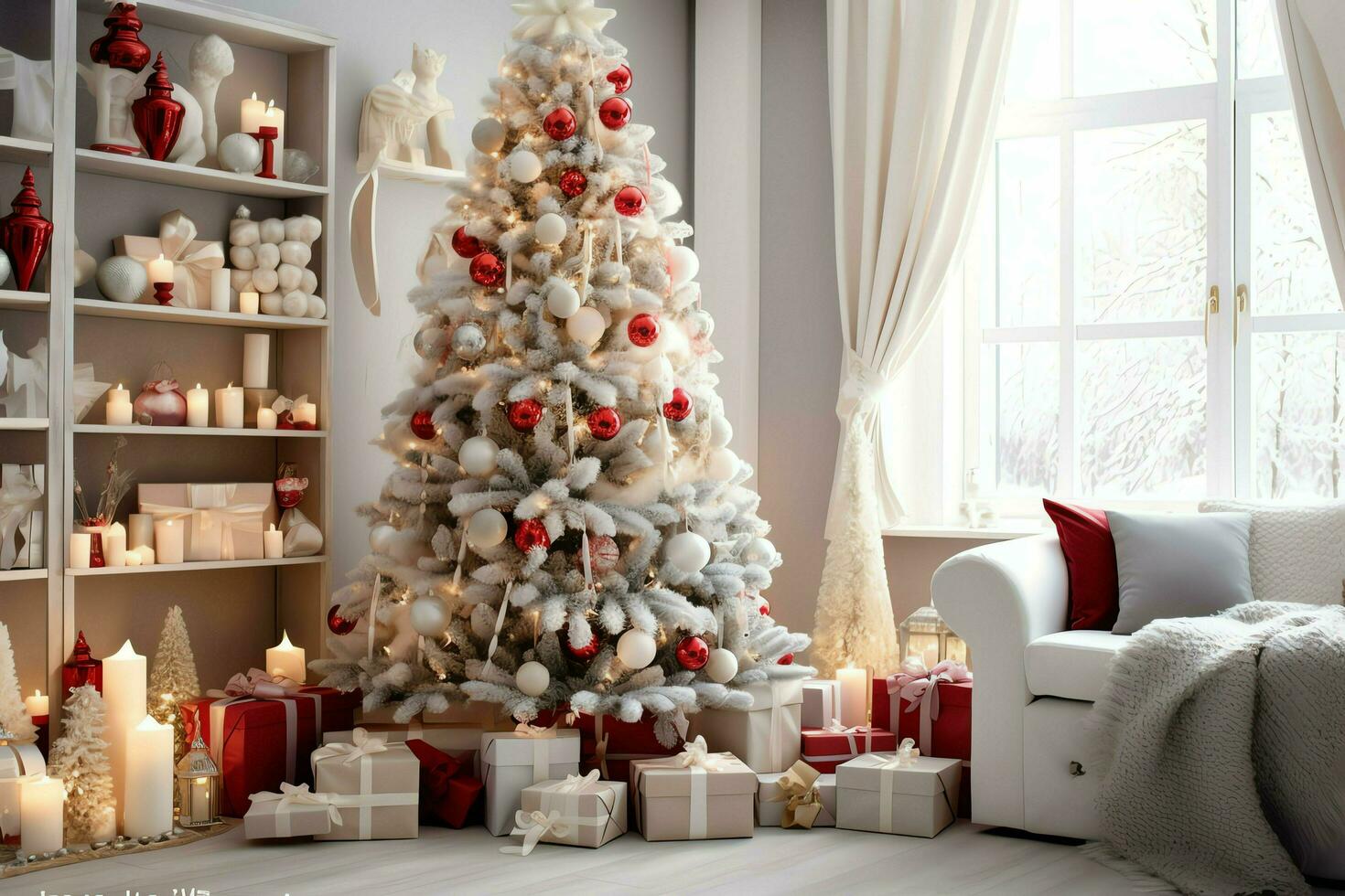 confortable vivant pièce avec magnifique Noël arbre et rouge cadeaux dans moderne intérieur. intérieur de vivant pièce décoré pour joyeux Noël avec chaussettes, cadeau des boites et Noël accessoires par ai généré photo