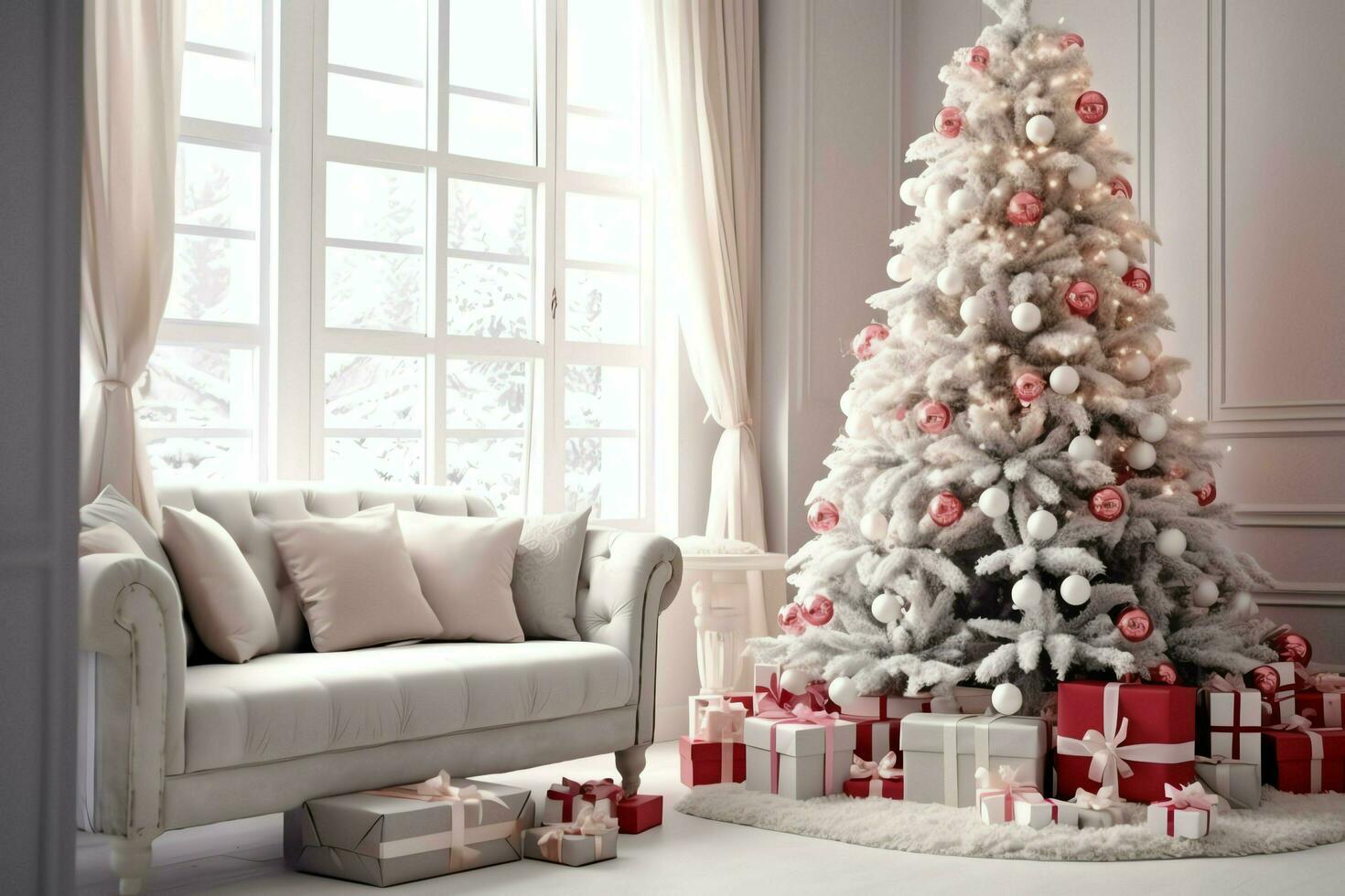 confortable vivant pièce avec magnifique Noël arbre et rouge cadeaux dans moderne intérieur. intérieur de vivant pièce décoré pour joyeux Noël avec chaussettes, cadeau des boites et Noël accessoires par ai généré photo