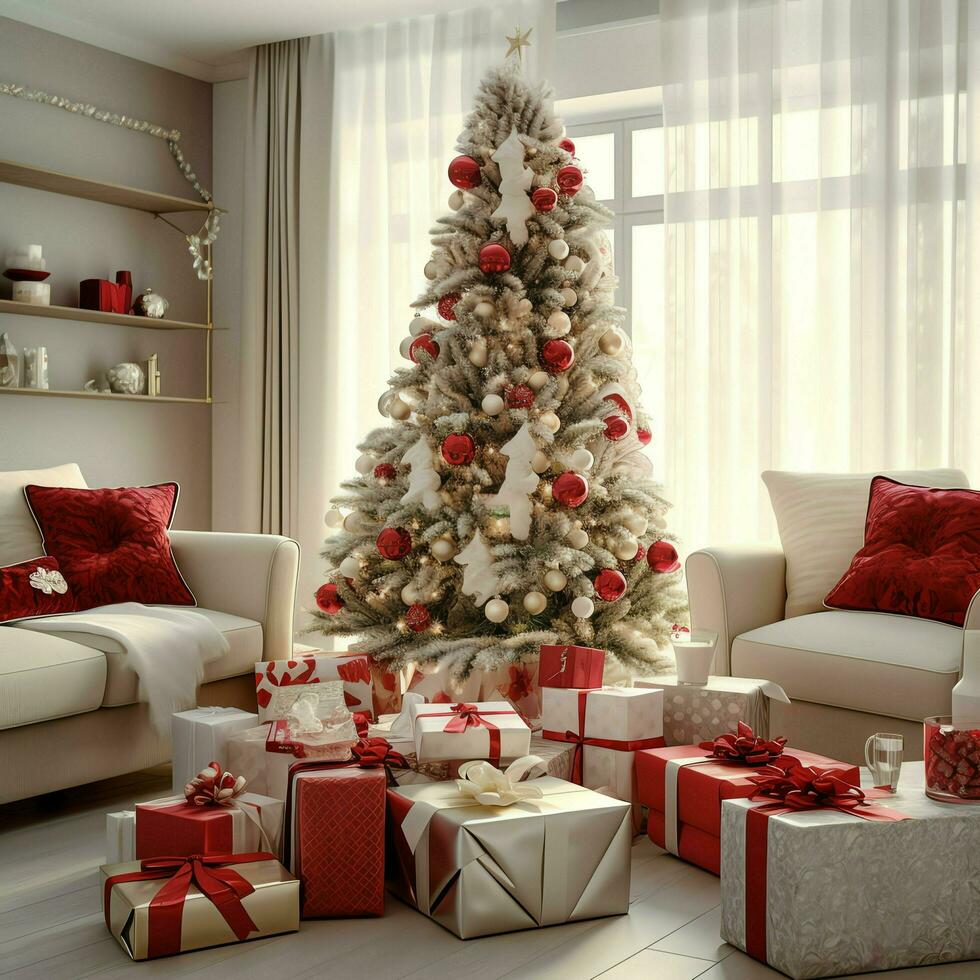 confortable vivant pièce avec magnifique Noël arbre et rouge cadeaux dans moderne intérieur. intérieur de vivant pièce décoré pour joyeux Noël avec chaussettes, cadeau des boites et Noël accessoires par ai généré photo