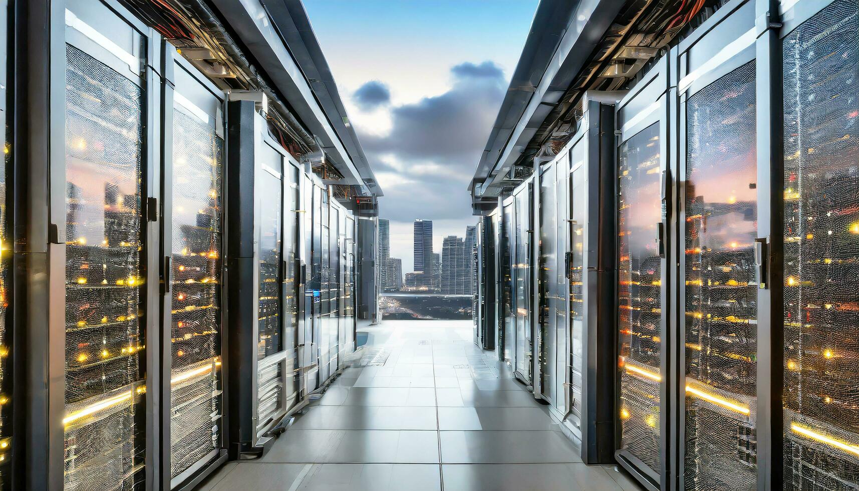 ai généré Les données centre avec vue de le ville horizon dans moderne métropole photo