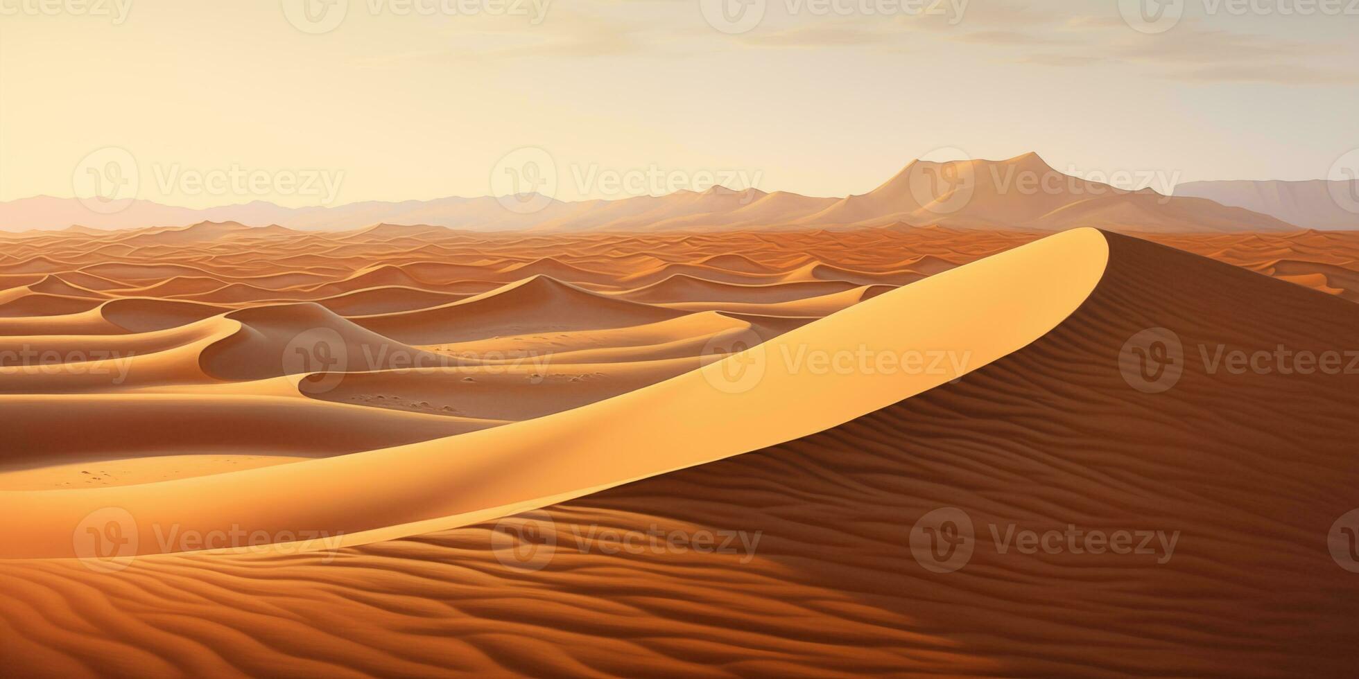 ai généré paysage de une chaud désert avec le sable dunes, soir lumière photo