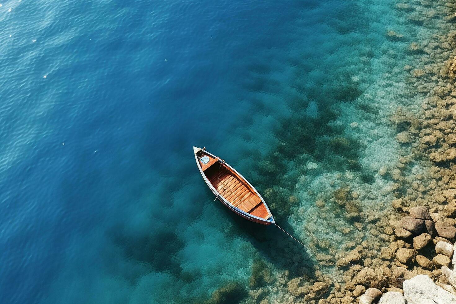 ai généré aérien drone Haut vers le bas photo de magnifique rouge en bois traditionnel pêche bateau ancré dans cristal clair mer