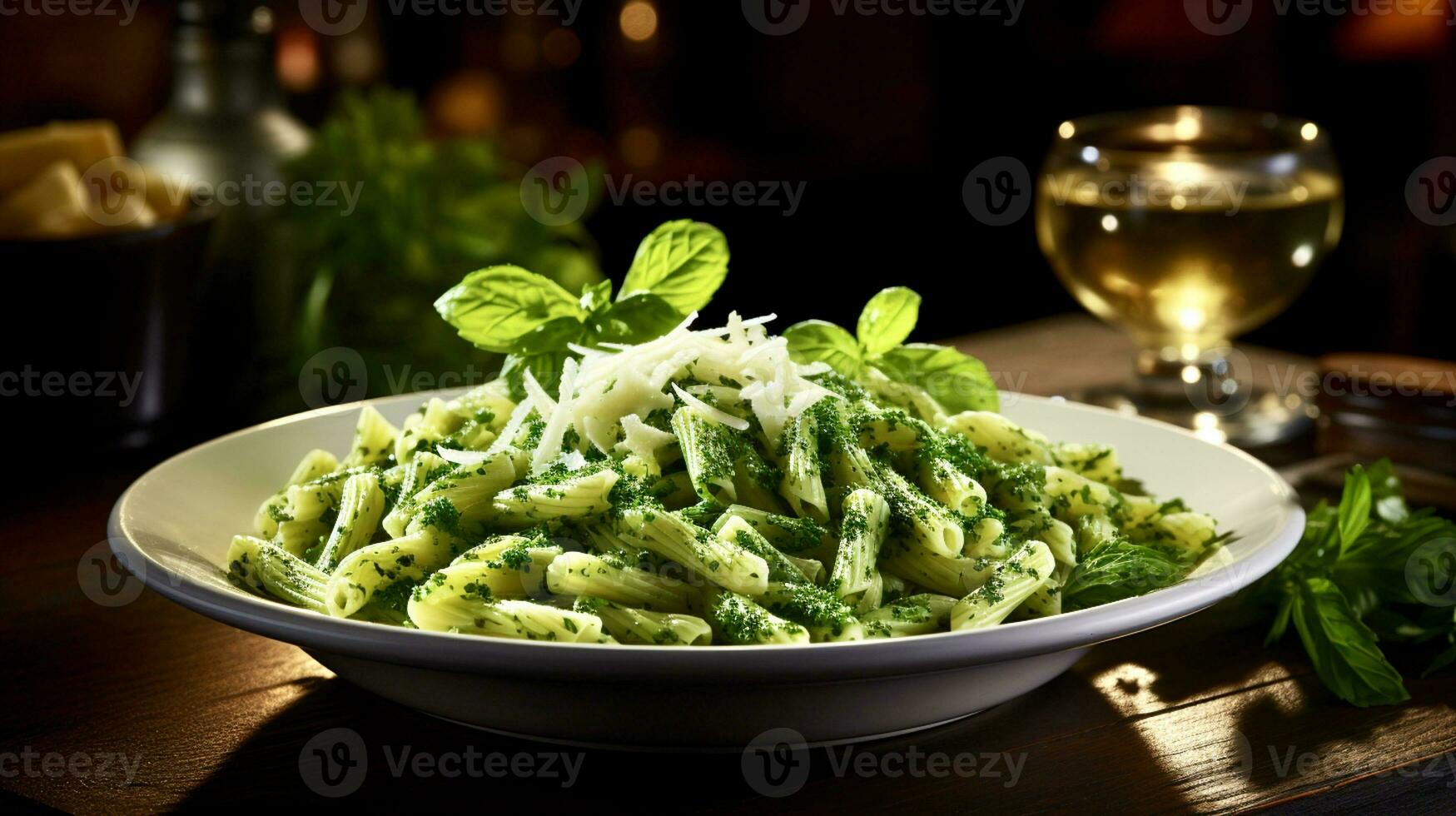 ai généré fermer sur une blanc assiette sans gluten vert Pâtes sur une table dans une restaurant dans le Contexte dans sélectif concentrer de une verre de blanc du vin photo