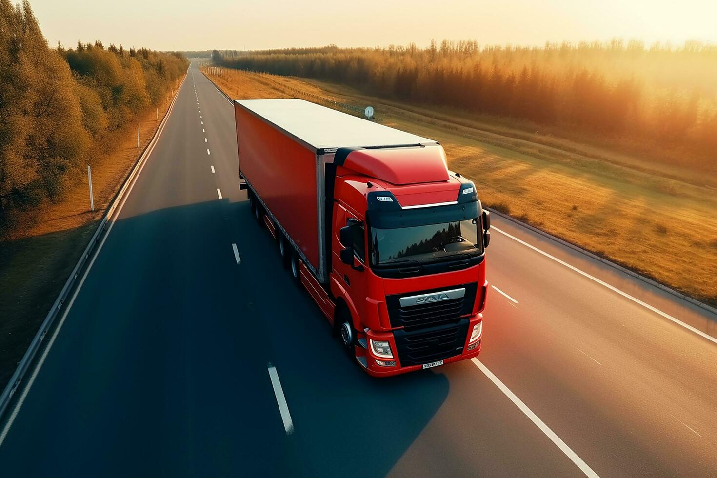 ai généré cargaison un camion sur le autoroute. cargaison livraison conduite sur asphalte route par le montagnes. vu de le air. aérien vue paysage. drone la photographie. photo