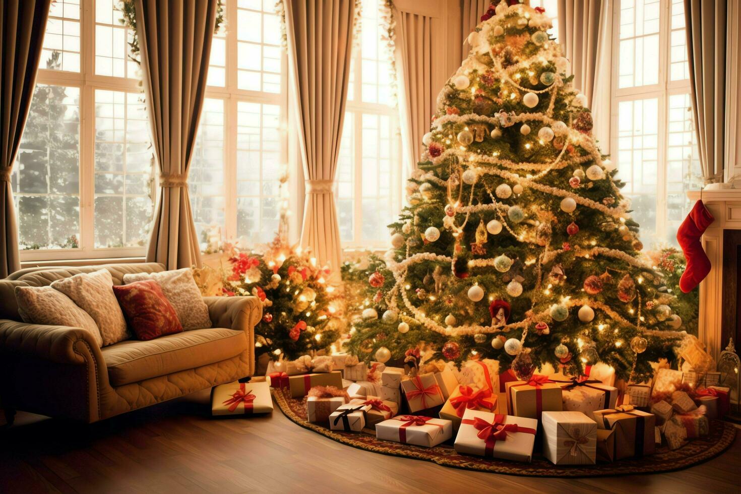 confortable vivant pièce avec magnifique Noël arbre et rouge cadeaux dans moderne intérieur. intérieur de vivant pièce décoré pour joyeux Noël avec chaussettes, cadeau des boites et Noël accessoires par ai généré photo