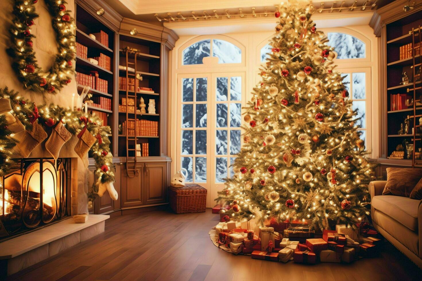 confortable vivant pièce avec magnifique Noël arbre et rouge cadeaux dans moderne intérieur. intérieur de vivant pièce décoré pour joyeux Noël avec chaussettes, cadeau des boites et Noël accessoires par ai généré photo