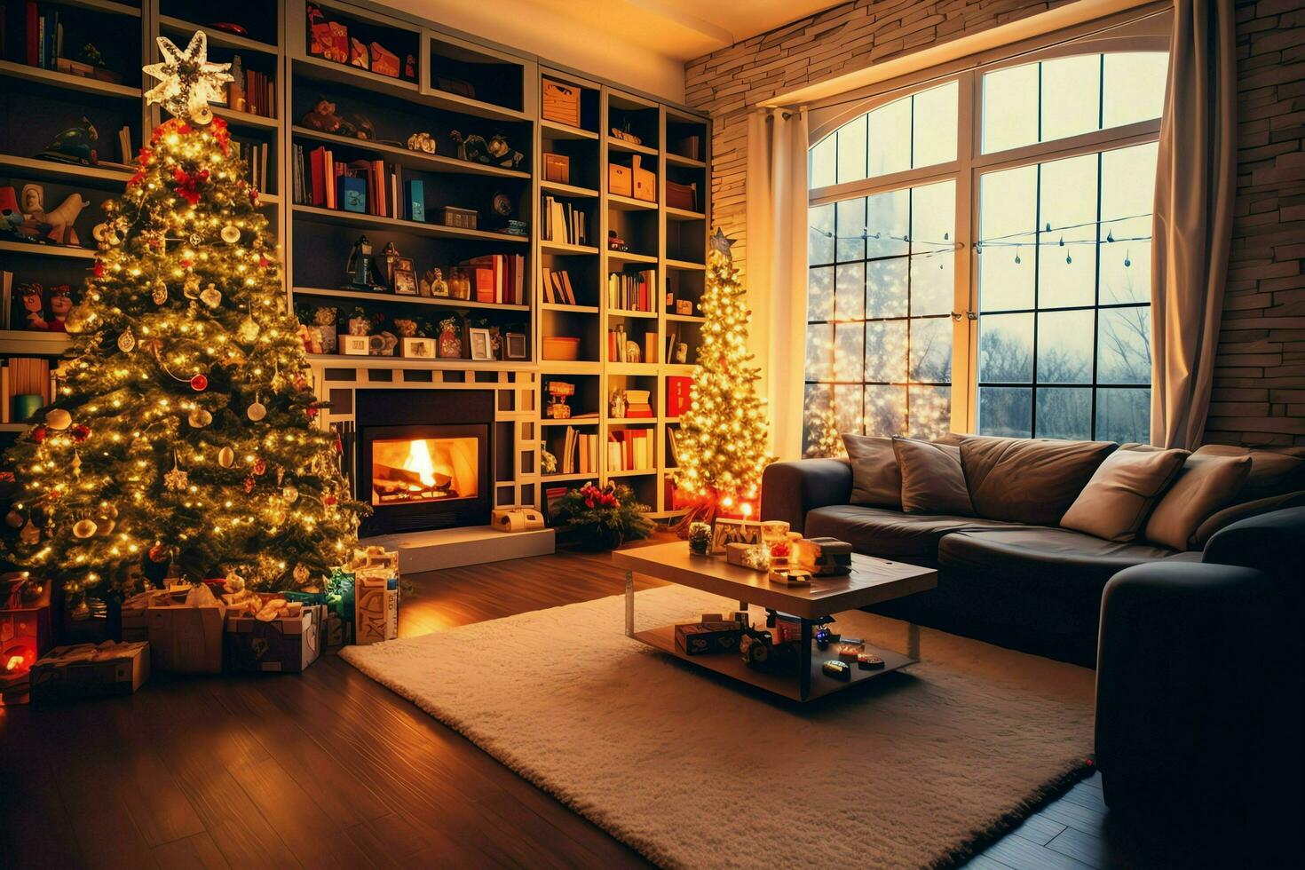 confortable vivant pièce avec magnifique Noël arbre et rouge cadeaux dans moderne intérieur. intérieur de vivant pièce décoré pour joyeux Noël avec chaussettes, cadeau des boites et Noël accessoires par ai généré photo