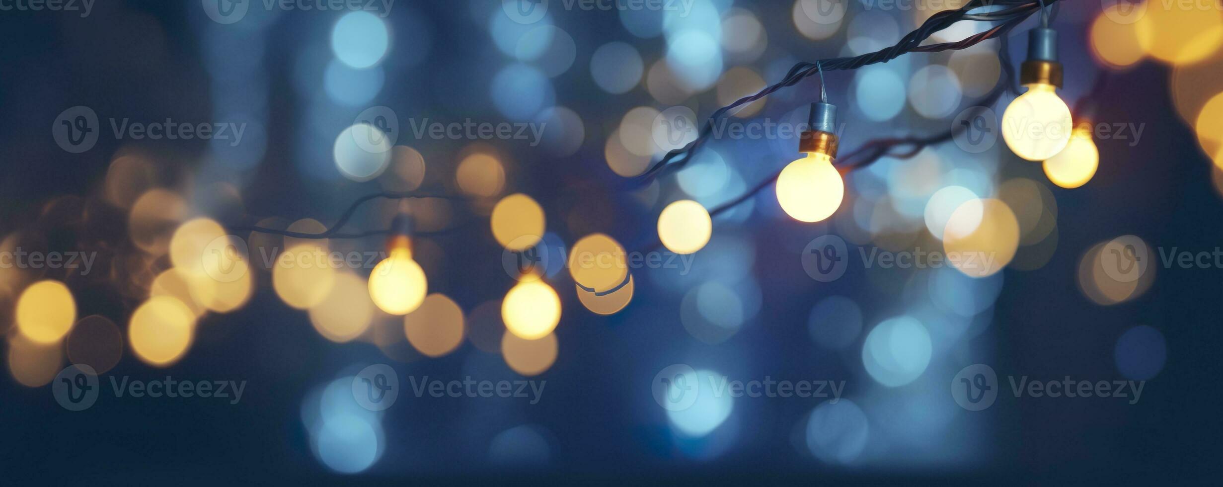 ai généré vacances éclairage et décoration concept, Noël guirlande bokeh lumières plus de foncé bleu Contexte. ai généré photo