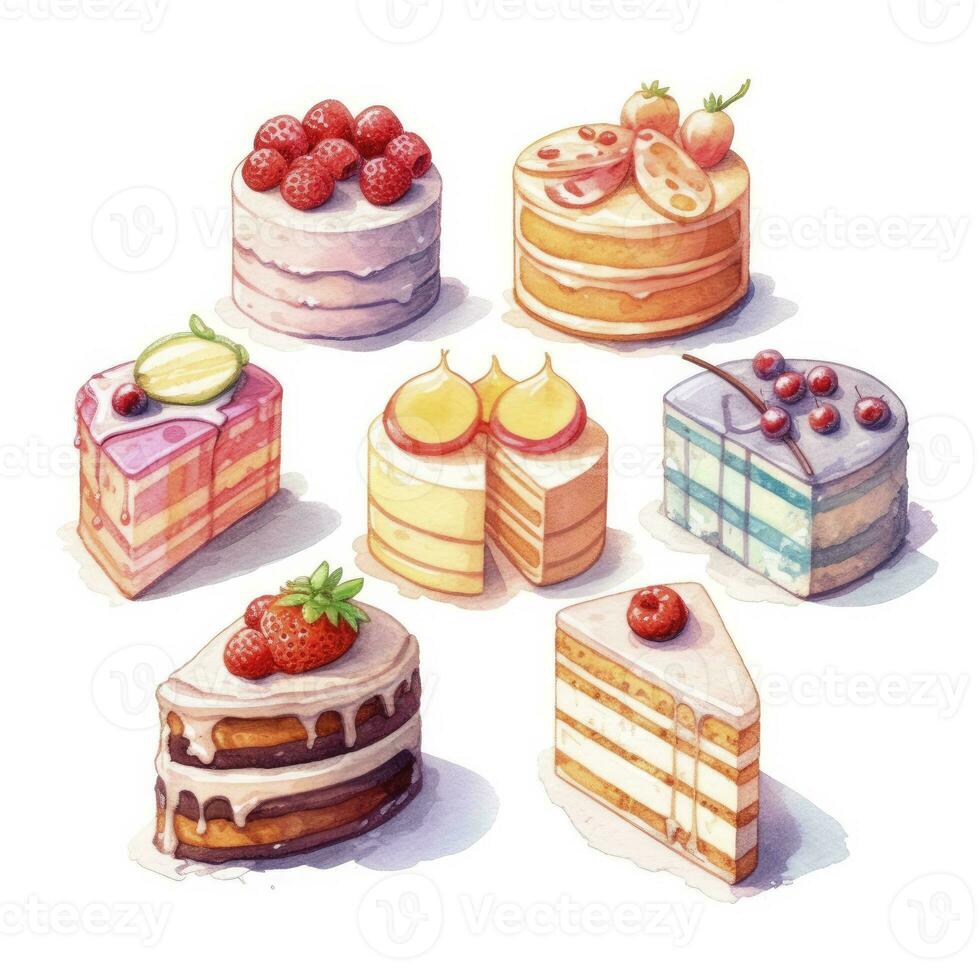 ai généré ensemble de gâteau pièce illustration sur blanc Contexte. ai généré photo