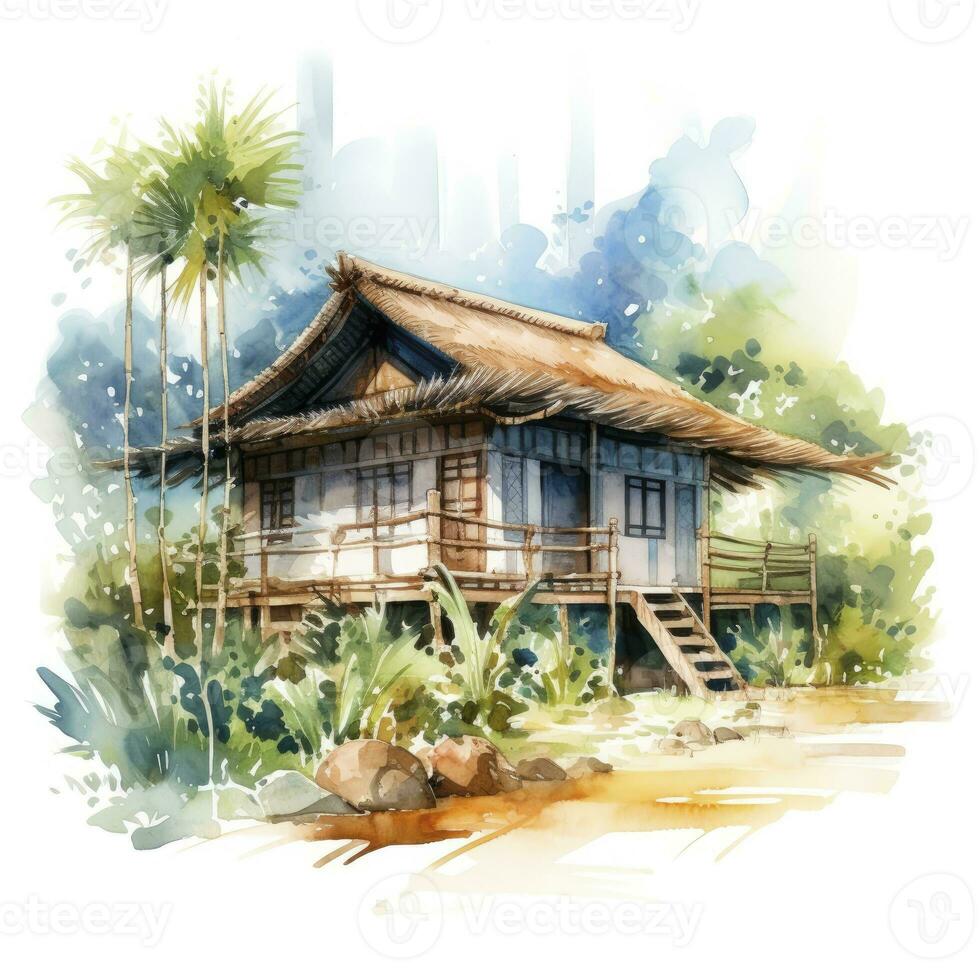 ai généré une aquarellé brillant serein image de une traditionnel Bahay Kubo. ai généré photo