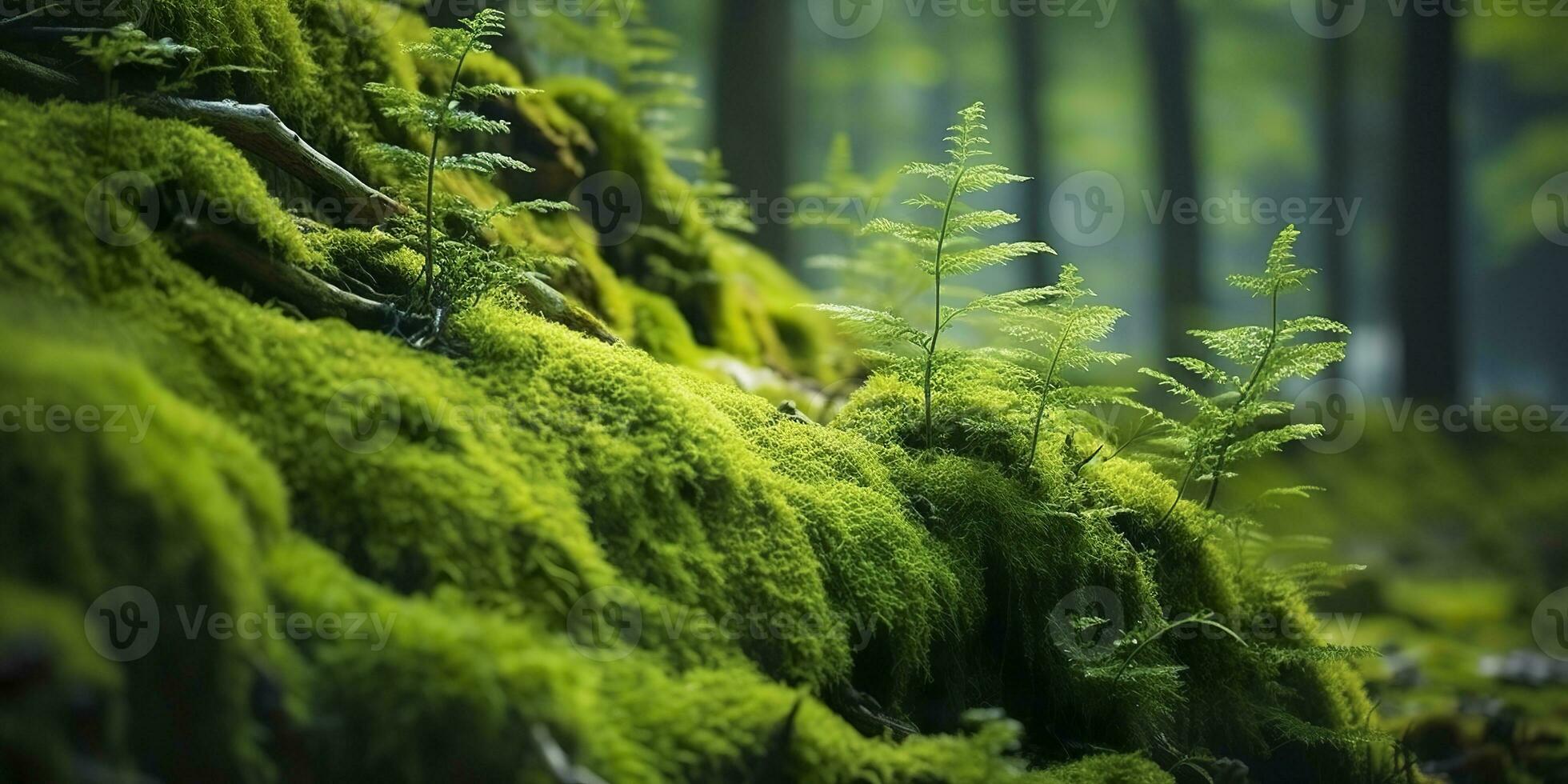 ai généré vert mousse fermer, avec une toile de fond de des bois. forêt dans le nationale parc. ai généré photo