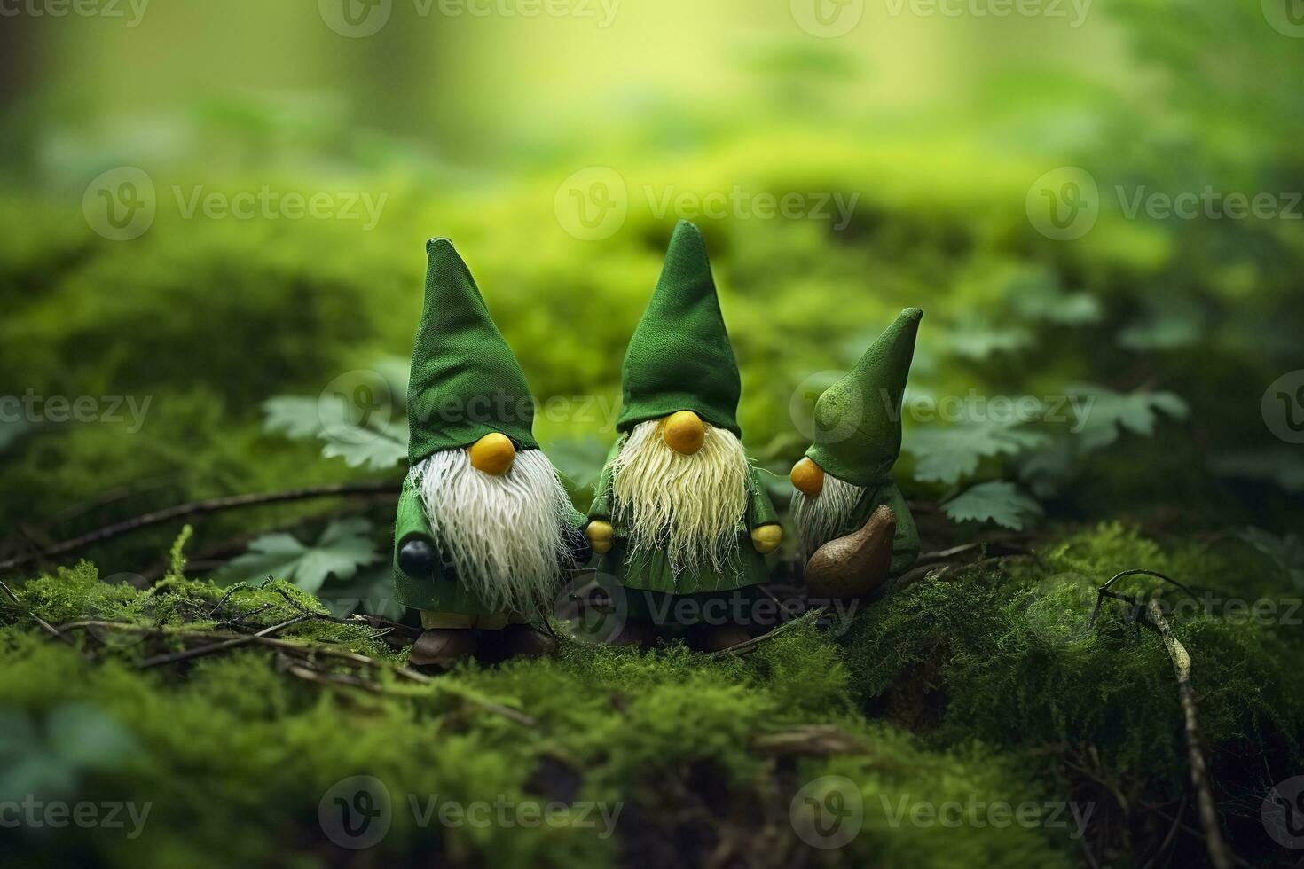 ai généré jouet irlandais gnomes dans une mystère forêt, abstrait vert Naturel Contexte. génératif ai photo