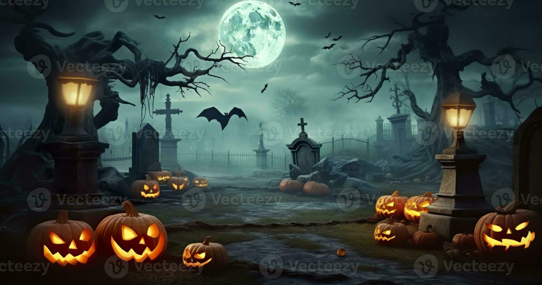 ai généré citrouilles dans cimetière dans le effrayant nuit, Halloween toile de fond. génératif ai photo