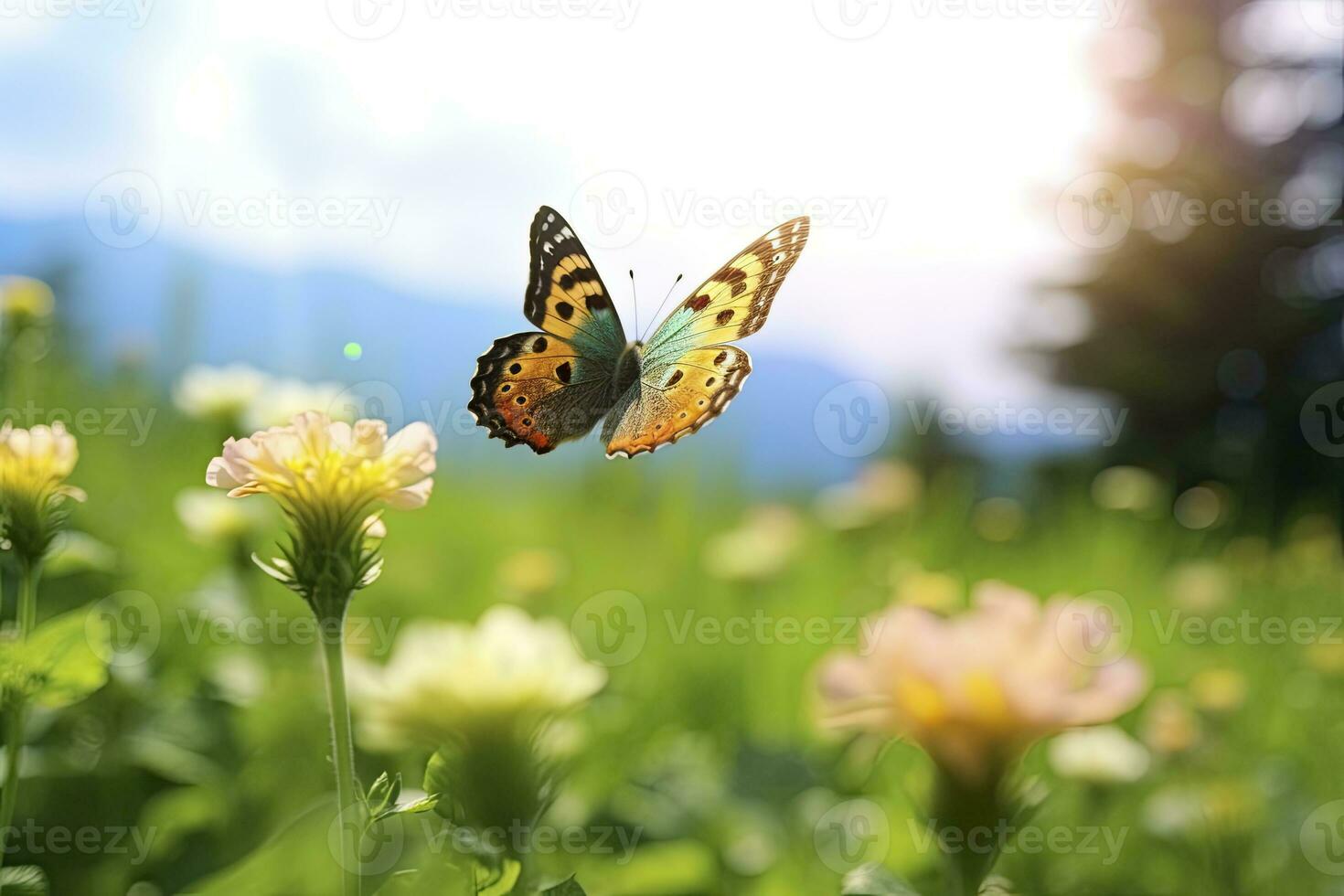 ai généré papillon en volant plus de le prairie. ai généré photo