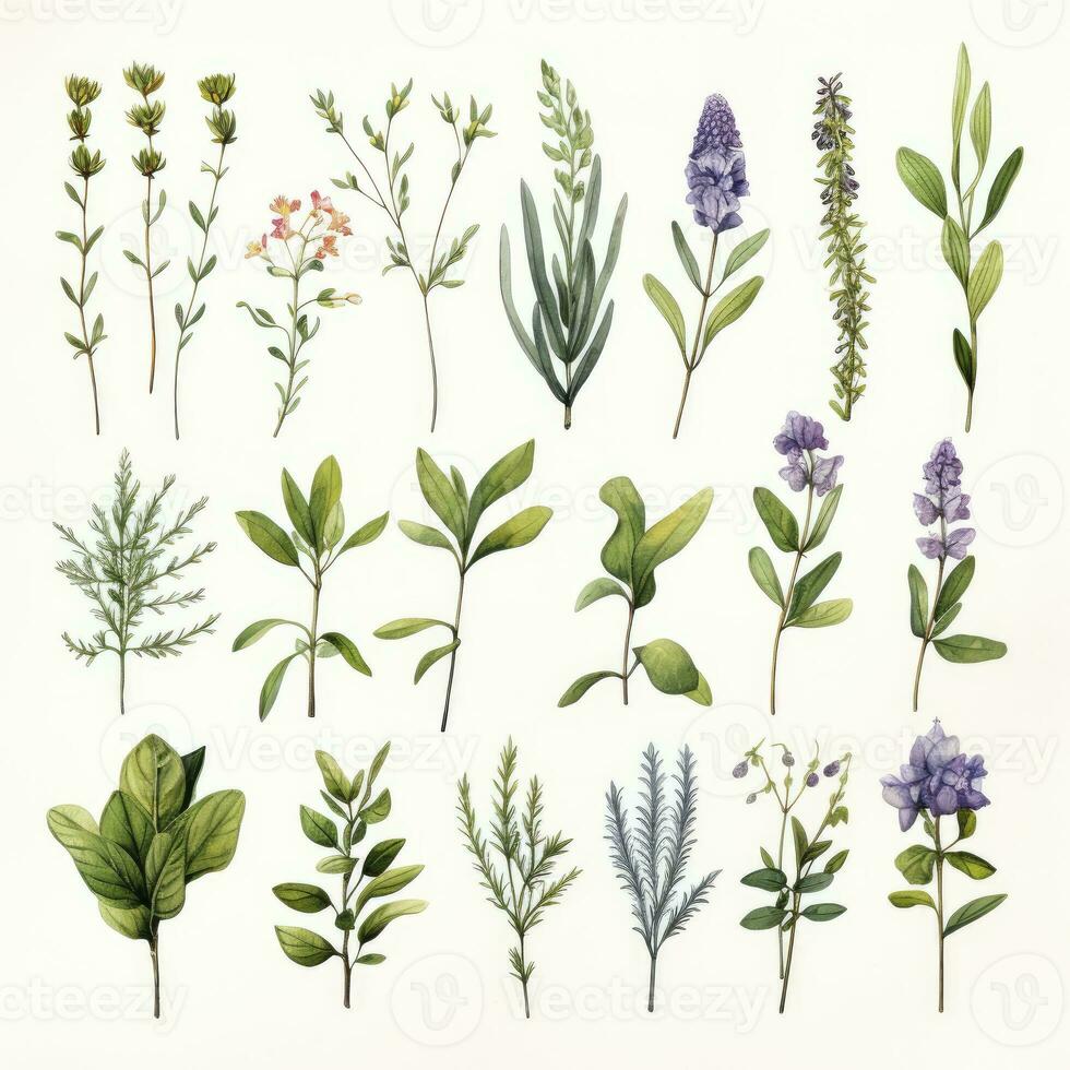 ai généré collection de aquarelle herbes clipart sur blanc Contexte. ai généré photo