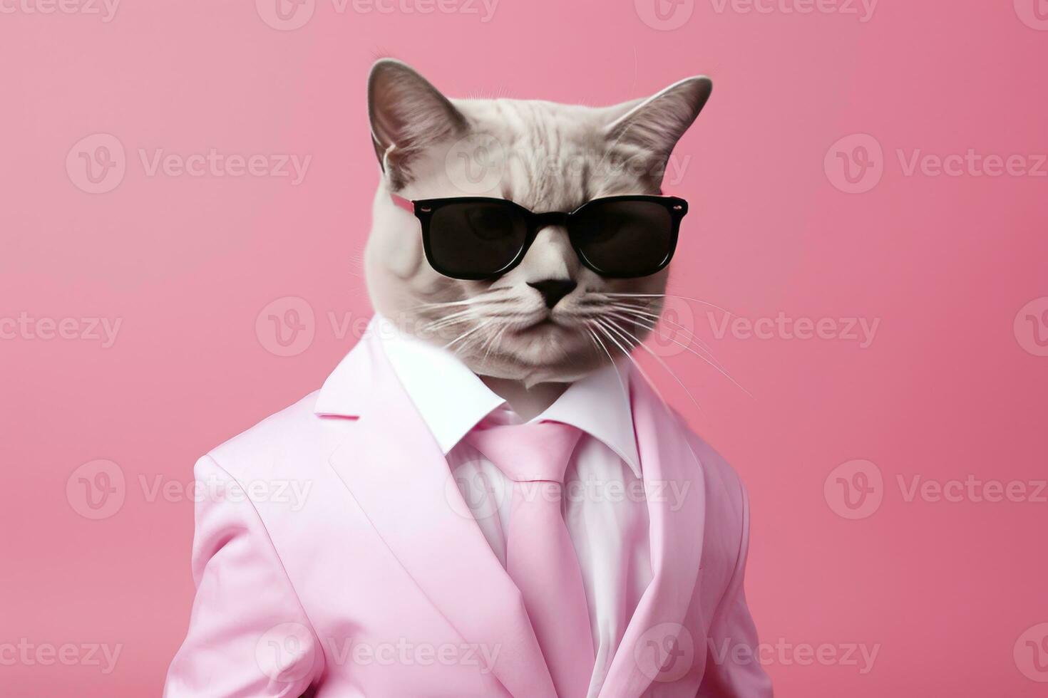 ai généré une chat est portant des lunettes de soleil et costume sur rose Contexte. ai généré photo