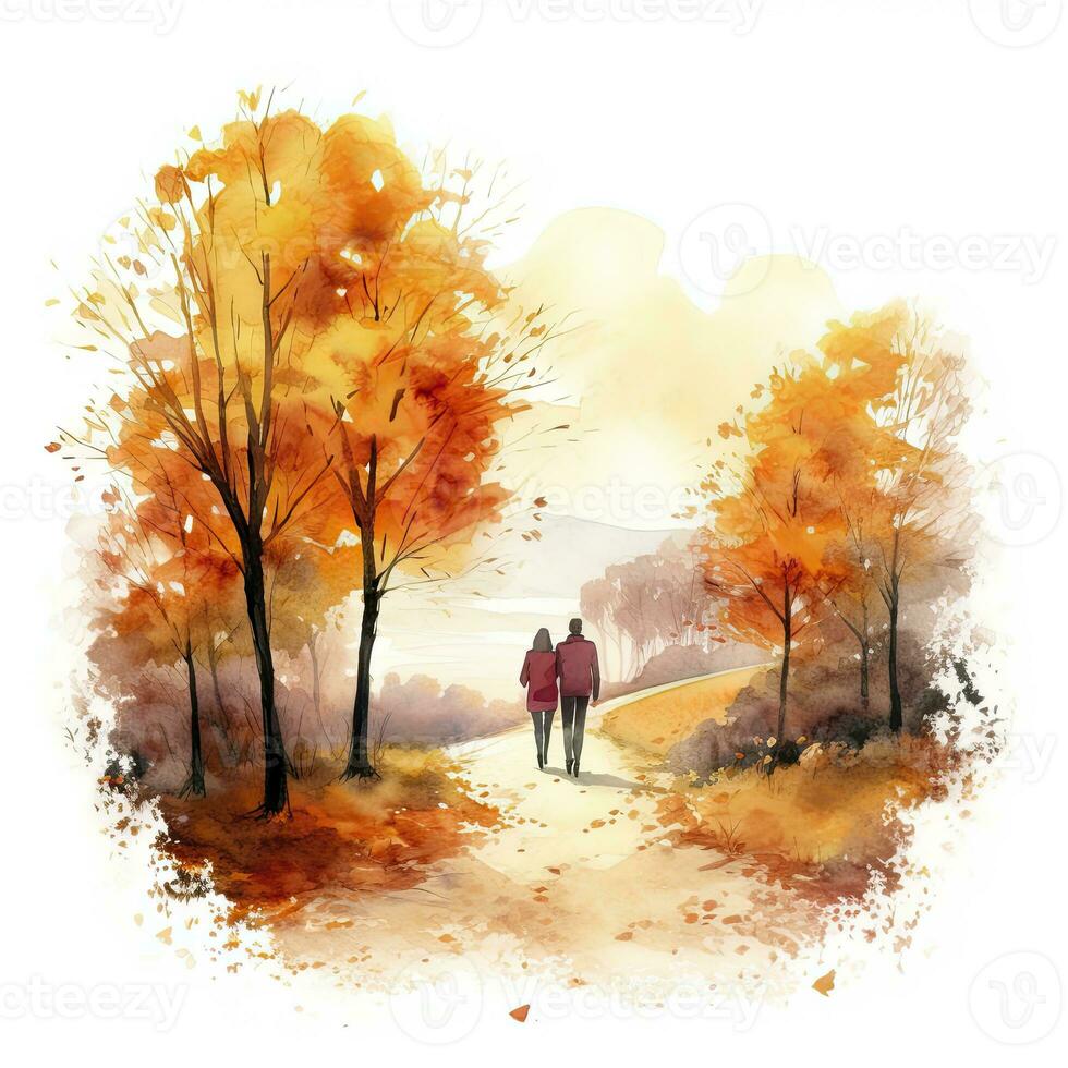 ai généré aquarelle l'automne paysage avec une couple marche. ai généré photo