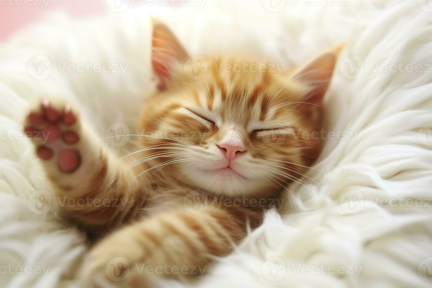 ai généré rouge chaton, chat en train de dormir mignonne sur blanc fourrure. génératif ai photo