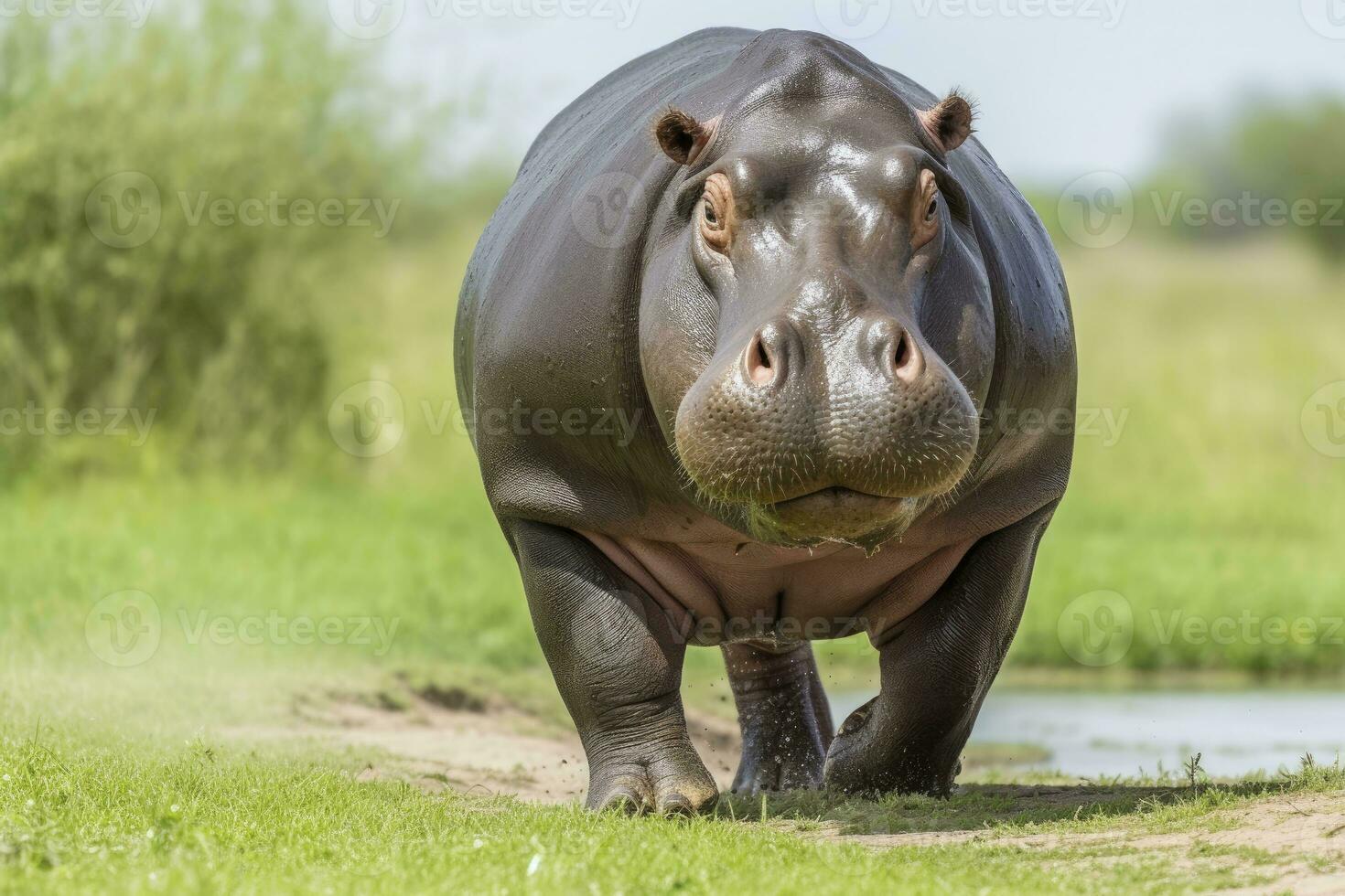 ai généré hippopotame en marchant dans une vert champ. ai généré photo