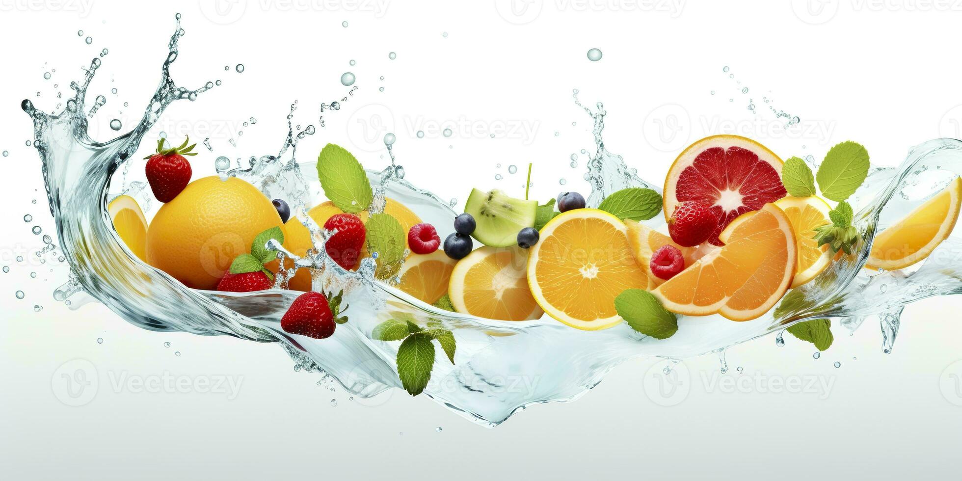 ai généré tourbillon l'eau éclaboussure avec des fruits. liquide couler avec la glace cubes et une mélanger de Frais des fruits. génératif ai photo