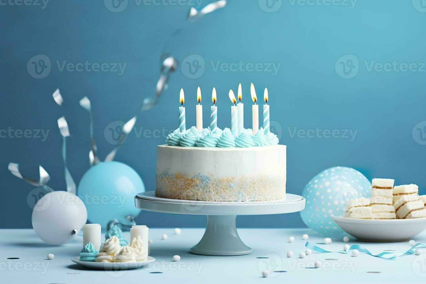 ai généré anniversaire gâteau avec bougies et bonbons sur blanc table près bleu mur. génératif ai photo
