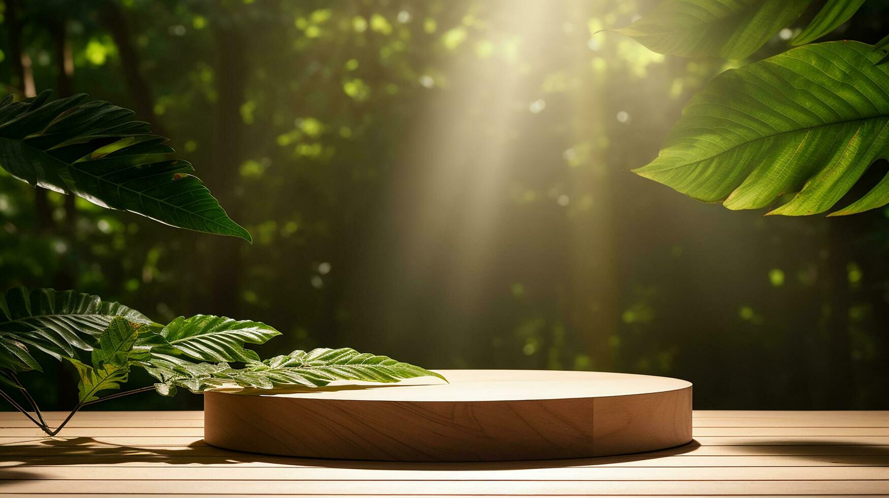 ai généré 3d rendu en bois vide afficher podium avec feuilles minimal scène pour produit afficher présentation photo