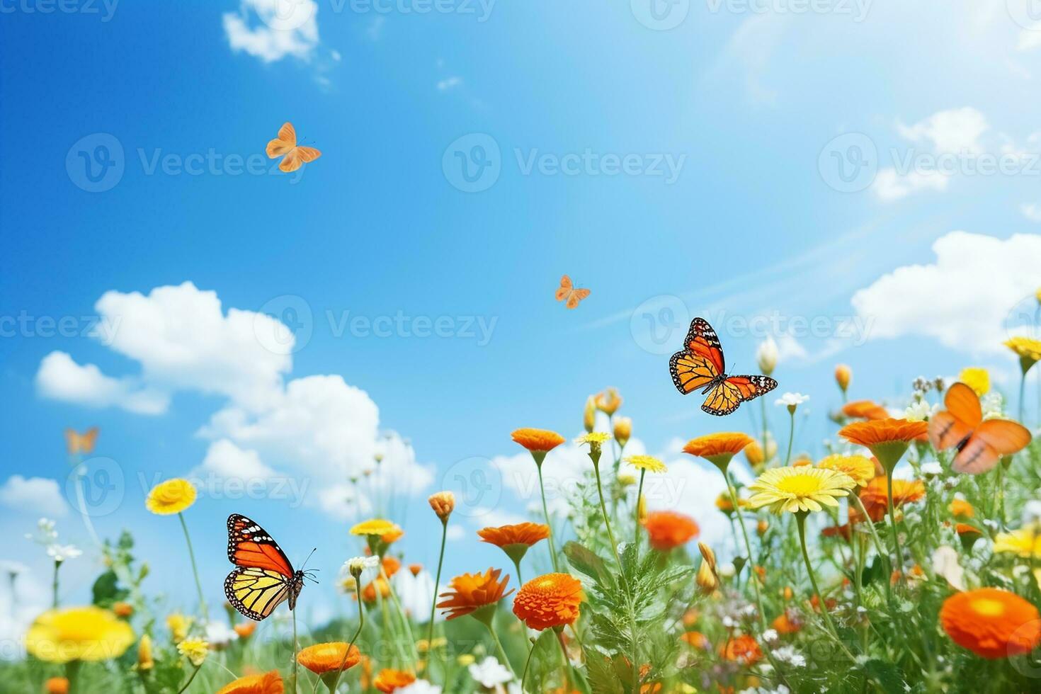 ai généré papillon sur fleurs dans herbe dans des rayons de lumière du soleil, macro. printemps été Frais artistique image de beauté Matin la nature. sélectif doux concentrer photo